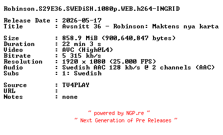 NFO for the release Robinson.S29E36.SWEDiSH.1080p.WEB.h264-INGRID by INGRID