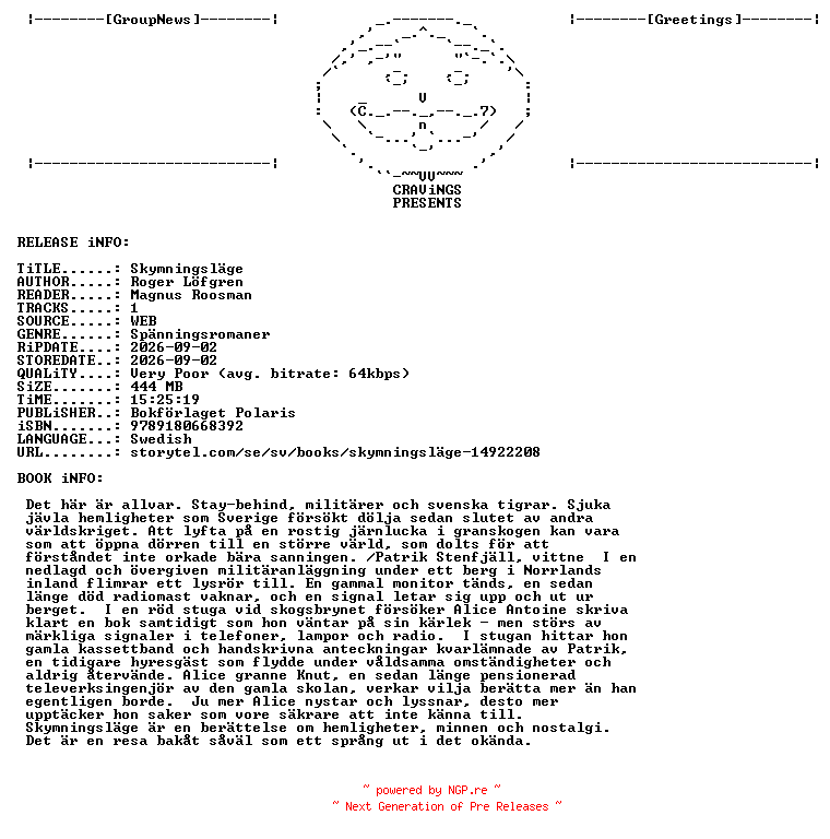 NFO for the release Roger_Loefgren_-_Skymningslaege-AUDiOBOOK-WEB-SE-2026-CRAViNGS_iNT by CRAViNGS_iNT