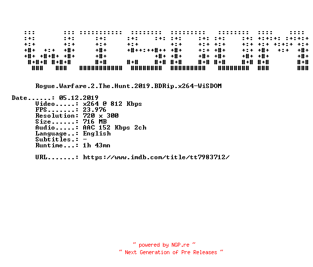 NFO for the release Rogue.Warfare.2.The.Hunt.2019.BDRip.x264-WiSDOM by WiSDOM