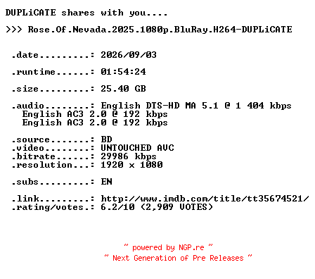 NFO for the release Rose.Of.Nevada.2025.1080p.BluRay.H264-DUPLiCATE by DUPLiCATE