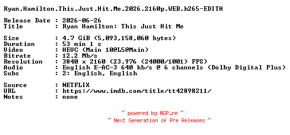 NFO for the release Ryan.Hamilton.This.Just.Hit.Me.2026.2160p.WEB.h265-EDITH by EDITH