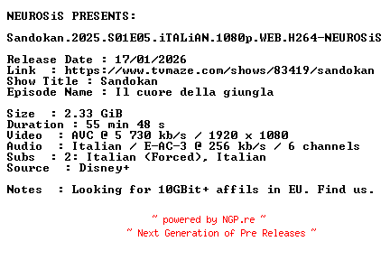 NFO for the release Sandokan.2025.S01E05.iTALiAN.1080p.WEB.H264-NEUROSiS by NEUROSiS