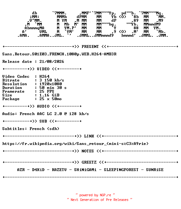 NFO for the release Sans.Retour.S01E03.FRENCH.1080p.WEB.H264-AMB3R by AMB3R