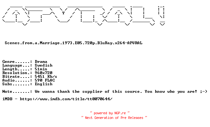 NFO for the release Scenes.from.a.Marriage.1973.E05.720p.BluRay.x264-APVRAL by APVRAL