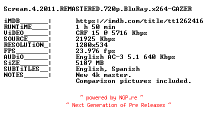 NFO for the release Scream.4.2011.REMASTERED.720p.BluRay.x264-GAZER by GAZER