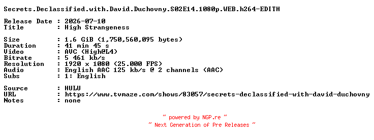 NFO for the release Secrets.Declassified.with.David.Duchovny.S02E14.1080p.WEB.h264-EDITH by EDITH