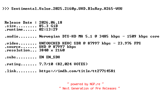NFO for the release Sentimental.Value.2025.2160p.UHD.BluRay.H265-WOU by WOU