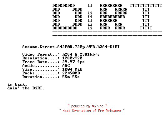 NFO for the release Sesame.Street.S42E08.720p.WEB.h264-DiRT by DiRT