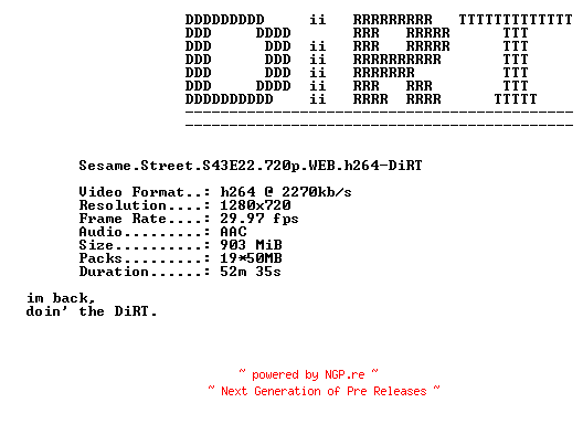 NFO for the release Sesame.Street.S43E22.720p.WEB.h264-DiRT by DiRT
