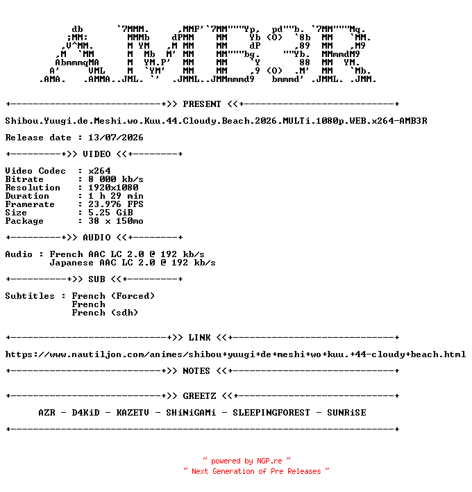 NFO for the release Shibou.Yuugi.de.Meshi.wo.Kuu.44.Cloudy.Beach.2026.MULTi.1080p.WEB.x264-AMB3R by AMB3R