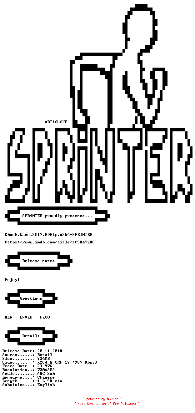 NFO for the release Shock.Wave.2017.BDRip.x264-SPRiNTER by SPRiNTER