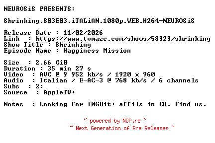 NFO for the release Shrinking.S03E03.iTALiAN.1080p.WEB.H264-NEUROSiS by NEUROSiS