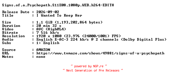 NFO for the release Signs.of.a.Psychopath.S11E08.1080p.WEB.h264-EDITH by EDITH