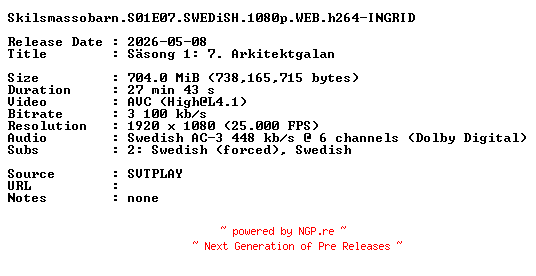 NFO for the release Skilsmassobarn.S01E07.SWEDiSH.1080p.WEB.h264-INGRID by INGRID