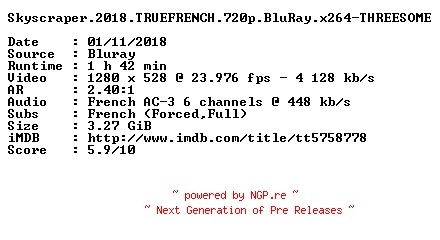 NFO for the release Skyscraper.2018.TRUEFRENCH.720p.BluRay.x264-THREESOME by THREESOME