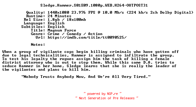 NFO for the release Sledge.Hammer.S01E09.1080p.WEB.H264-OUTPOST31 by OUTPOST31