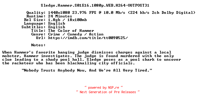 NFO for the release Sledge.Hammer.S01E16.1080p.WEB.H264-OUTPOST31 by OUTPOST31