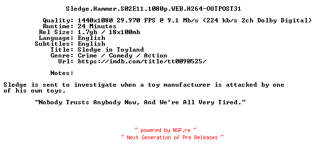 NFO for the release Sledge.Hammer.S02E11.1080p.WEB.H264-OUTPOST31 by OUTPOST31