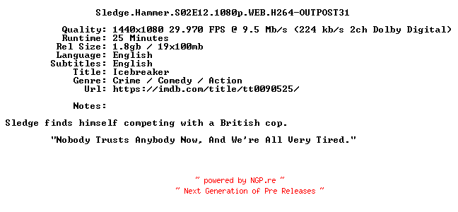 NFO for the release Sledge.Hammer.S02E12.1080p.WEB.H264-OUTPOST31 by OUTPOST31
