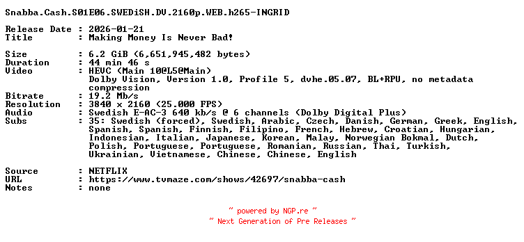 NFO for the release Snabba.Cash.S01E06.SWEDiSH.DV.2160p.WEB.h265-INGRID by INGRID