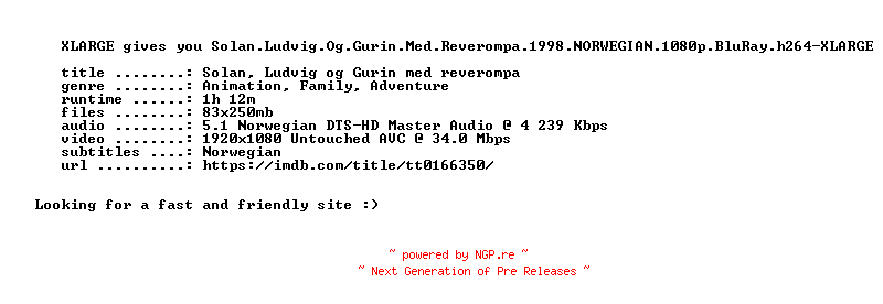 NFO for the release Solan.Ludvig.Og.Gurin.Med.Reverompa.1998.NORWEGIAN.1080p.BluRay.h264-XLARGE by XLARGE