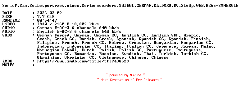 NFO for the release Son.of.Sam.Selbstportraet.eines.Serienmoerders.S01E01.GERMAN.DL.DOKU.DV.2160p.WEB.H265-SYNERGiE by SYNERGiE