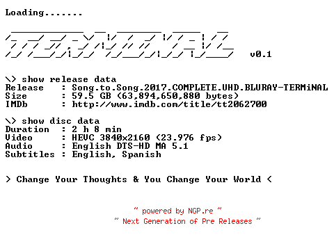 NFO for the release Song.to.Song.2017.COMPLETE.UHD.BLURAY-TERMiNAL by TERMiNAL