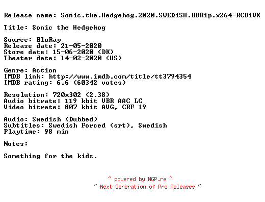 NFO for the release Sonic.the.Hedgehog.2020.SWEDiSH.BDRip.x264-RCDiVX by RCDiVX