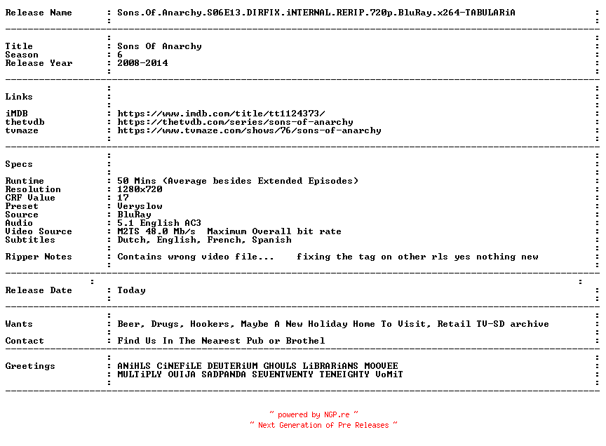 NFO for the release Sons.Of.Anarchy.S06E13.DIRFIX.iNTERNAL.RERIP.720p.BluRay.x264-TABULARiA by TABULARiA