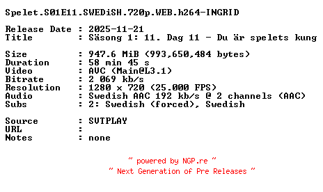 NFO for the release Spelet.S01E11.SWEDiSH.720p.WEB.h264-INGRID by INGRID