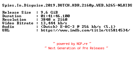 NFO for the release Spies.In.Disguise.2019.DUTCH.HDR.2160p.WEB.h265-NLKIDS by NLKIDS