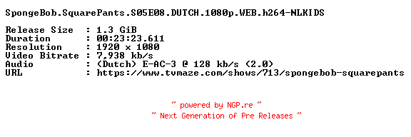 NFO for the release SpongeBob.SquarePants.S05E08.DUTCH.1080p.WEB.h264-NLKIDS by NLKIDS
