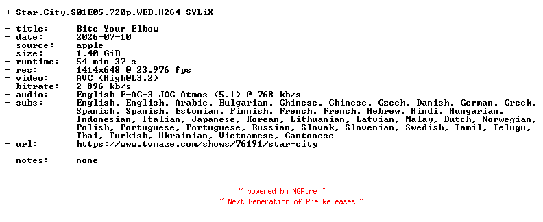 NFO for the release Star.City.S01E05.720p.WEB.H264-SYLiX by SYLiX