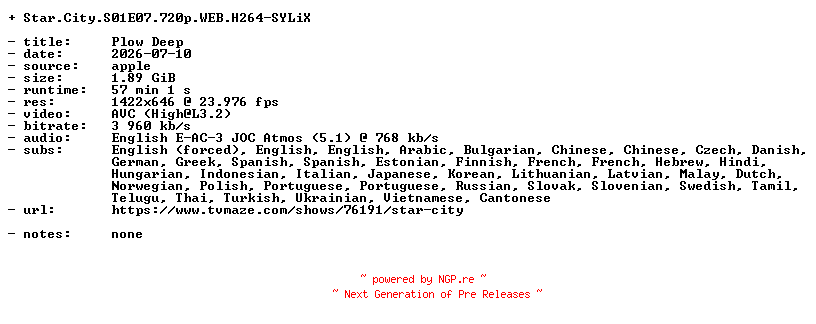 NFO for the release Star.City.S01E07.720p.WEB.H264-SYLiX by SYLiX