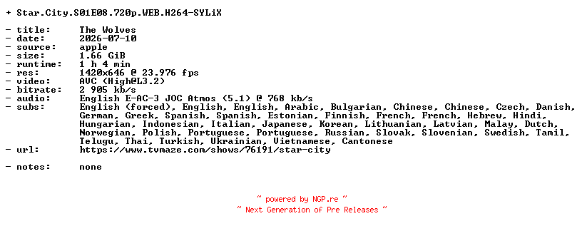 NFO for the release Star.City.S01E08.720p.WEB.H264-SYLiX by SYLiX