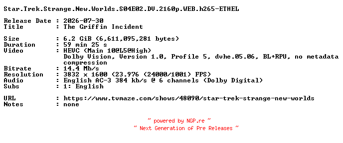 NFO for the release Star.Trek.Strange.New.Worlds.S04E02.DV.2160p.WEB.h265-ETHEL by ETHEL