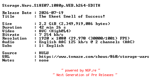 NFO for the release Storage.Wars.S18E07.1080p.WEB.h264-EDITH by EDITH