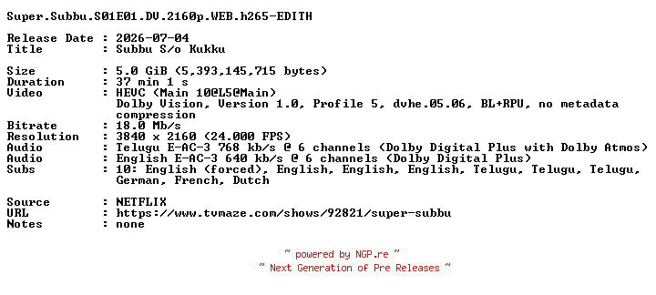 NFO for the release Super.Subbu.S01E01.DV.2160p.WEB.h265-EDITH by EDITH