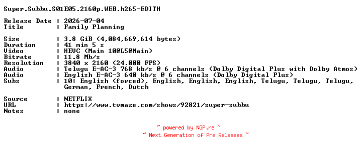 NFO for the release Super.Subbu.S01E05.2160p.WEB.h265-EDITH by EDITH