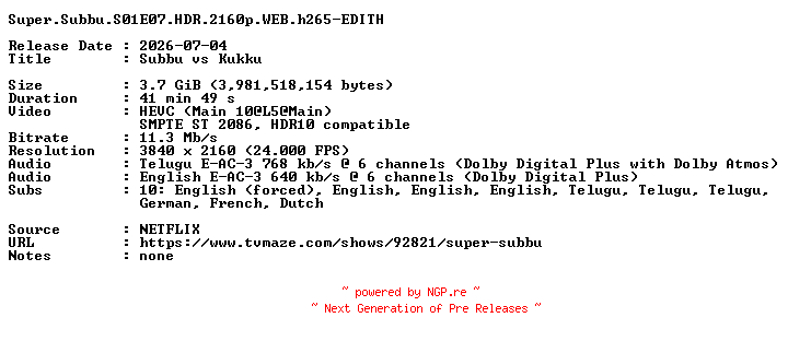 NFO for the release Super.Subbu.S01E07.HDR.2160p.WEB.h265-EDITH by EDITH