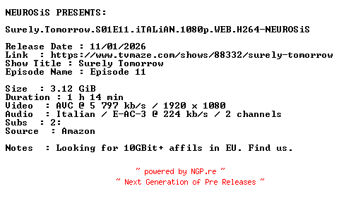 NFO for the release Surely.Tomorrow.S01E11.iTALiAN.1080p.WEB.H264-NEUROSiS by NEUROSiS
