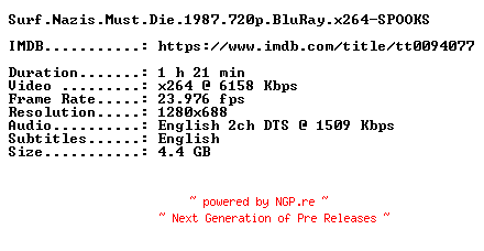 NFO for the release Surf.Nazis.Must.Die.1987.720p.BluRay.x264-SPOOKS by SPOOKS