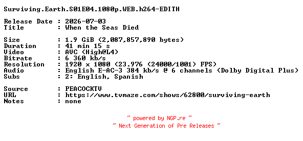 NFO for the release Surviving.Earth.S01E04.1080p.WEB.h264-EDITH by EDITH
