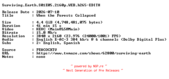 NFO for the release Surviving.Earth.S01E05.2160p.WEB.h265-EDITH by EDITH