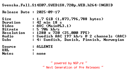 NFO for the release Svenska.Fall.S14E07.SWEDiSH.720p.WEB.h264-INGRID by INGRID