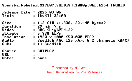 NFO for the release Svenska.Nyheter.S17E07.SWEDiSH.1080p.WEB.h264-INGRID by INGRID