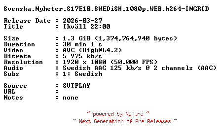 NFO for the release Svenska.Nyheter.S17E10.SWEDiSH.1080p.WEB.h264-INGRID by INGRID