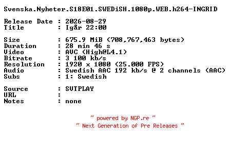 NFO for the release Svenska.Nyheter.S18E01.SWEDiSH.1080p.WEB.h264-INGRID by INGRID