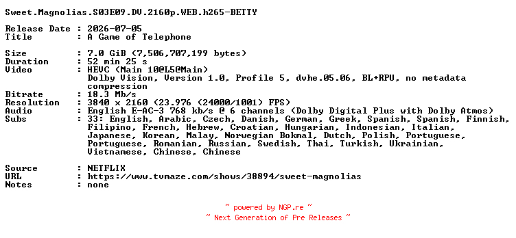 NFO for the release Sweet.Magnolias.S03E09.DV.2160p.WEB.h265-BETTY by BETTY