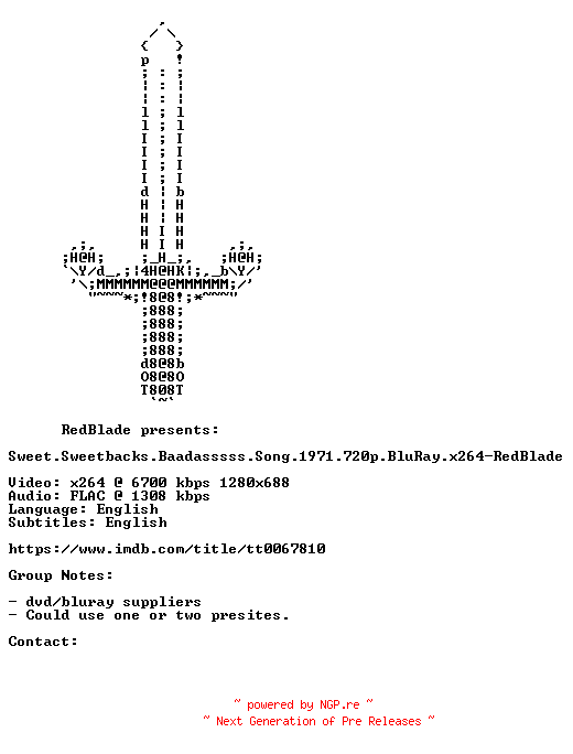 NFO for the release Sweet.Sweetbacks.Baadasssss.Song.1971.720p.BluRay.x264-RedBlade by RedBlade